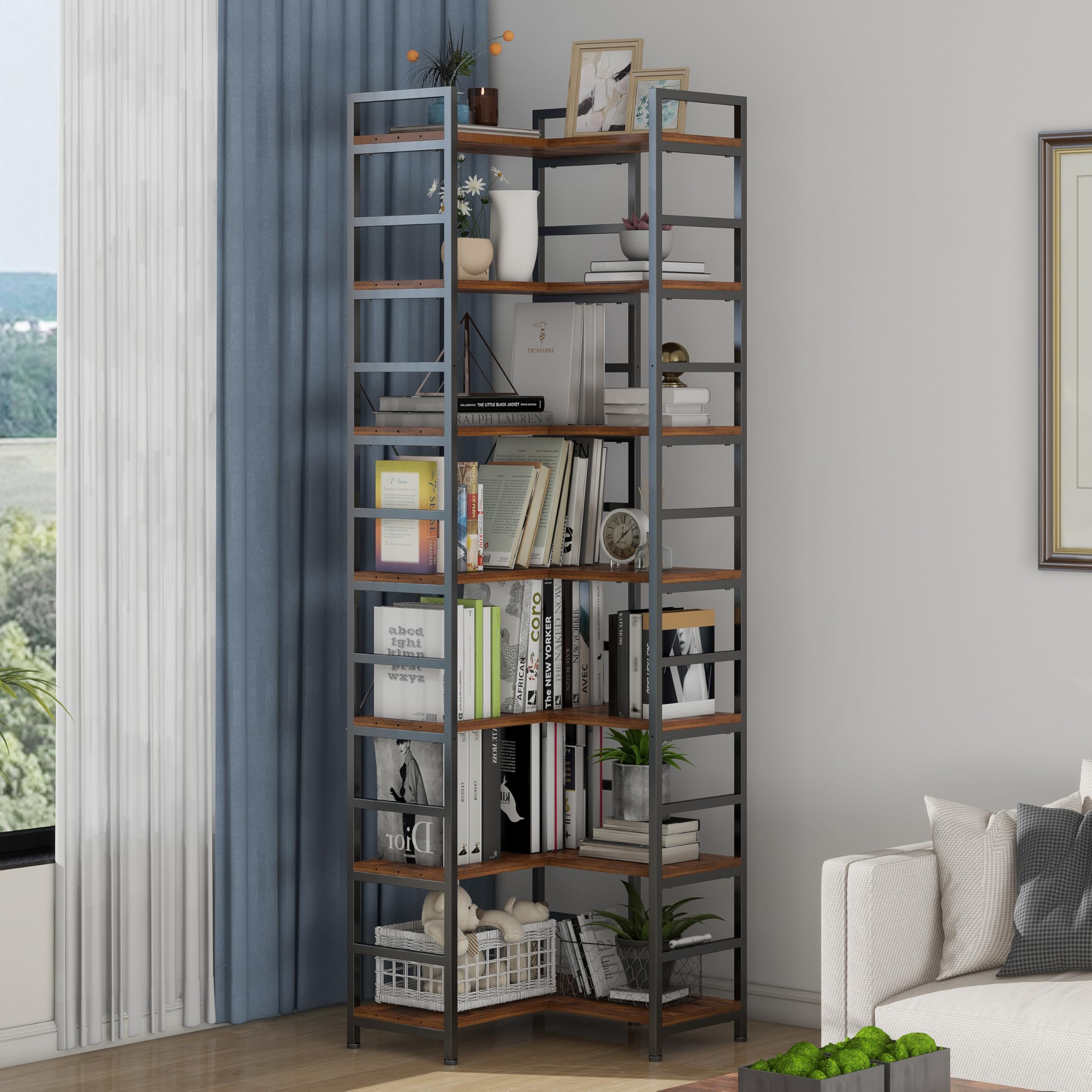 Tohomeor 7-Shelf Corner Bookshelf Freestanding Large Modern Corner Bookcase 7-Tier Tall Corner Shelf Storage Display Rack with Metal Frame for Living Room Home Office (Rustic Brown, 7 Tier)