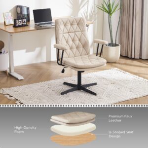 EYYTHUNG Desk Chair No Wheels with Arms Crossleg Stationary Ergonomic Soft Cushion Home Office Swivel Working Computer Chair Cream White