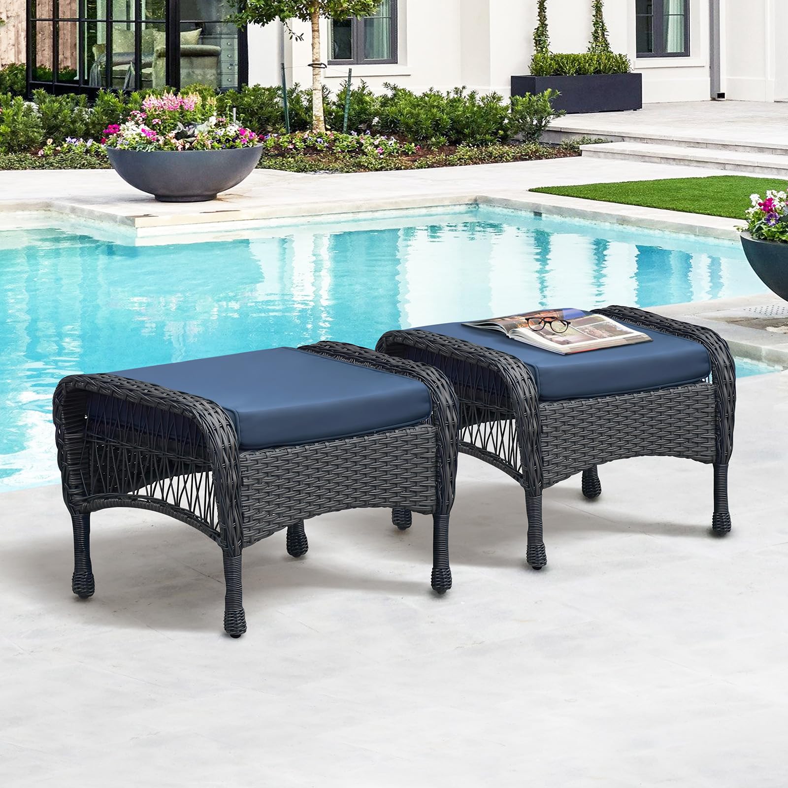 Set of 2 Wicker Ottomans, Outdoor Wicker Footstool with Soft Zippered Cushions, 3-in-1 Function Footrest Seat & Side Table for Patio, Backyard, Balcony, Poolside (Navy Blue)