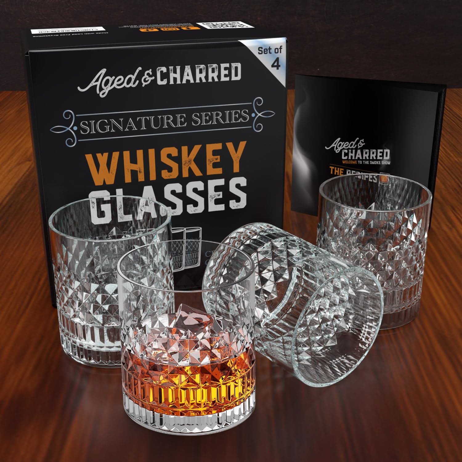 Aged & Charred Old Fashioned Whiskey Glasses Set of 4 - Premium Crystalline Bourbon Glass - Scotch Glasses Sophisticated Design - Elegant Gift Box