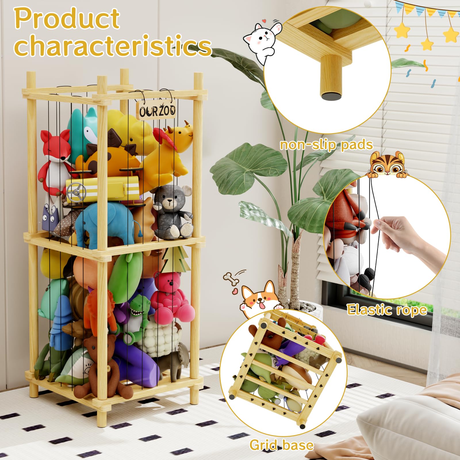 HAIDAIYA Stuffed Animal Zoo Storage Cage Wooden, 41''(3.4ft) Wood Large Stuffed Animal Storage Basket, Toy Storage for Big Stuffed Animals, Large Toy Chest for Kids Girls Boys Toy Organizer Holder