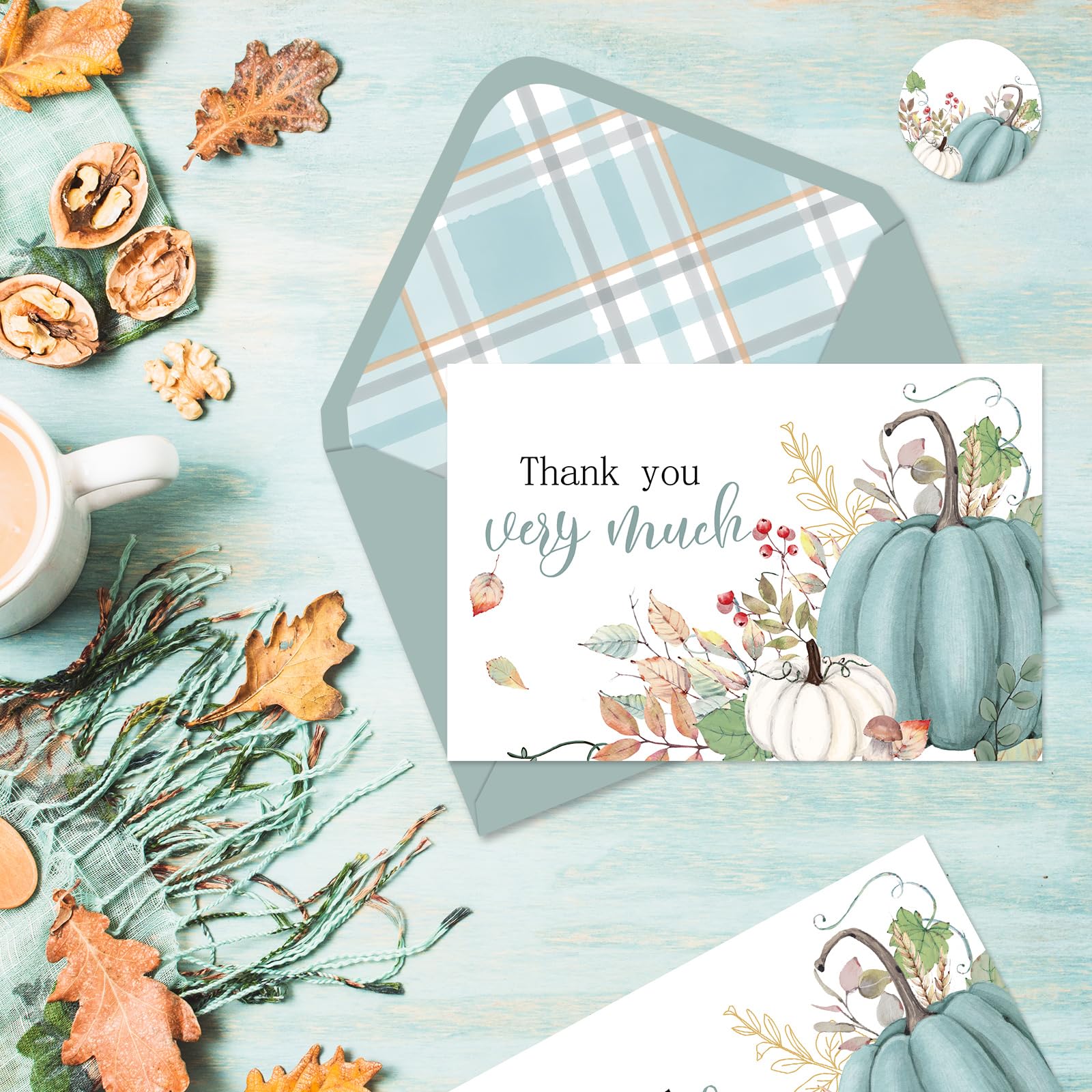 Whaline 24 Pack Fall Thank You Cards Bulk Blue Pumpkin Greeting Cards with Envelope Sticker Blank Note Cards for Autumn Birthday Baby Shower Party Supplies, 4 x 6 Inch