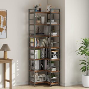 Tohomeor 7-Shelf Corner Bookshelf Freestanding Large Modern Corner Bookcase 7-Tier Tall Corner Shelf Storage Display Rack with Metal Frame for Living Room Home Office (Rustic Brown, 7 Tier)