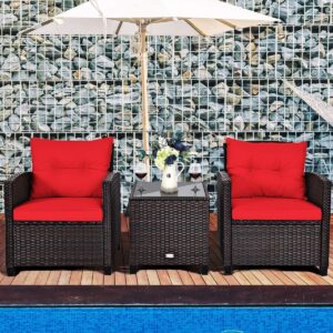 LDAILY Patio Furniture Set, 3 Pieces PE Rattan Wicker Patio Sofa Chairs with Washable Cushion & Glass Table, Outdoor Furniture Conversation Sets for Porch, Balcony, Garden, Poolside (Red)