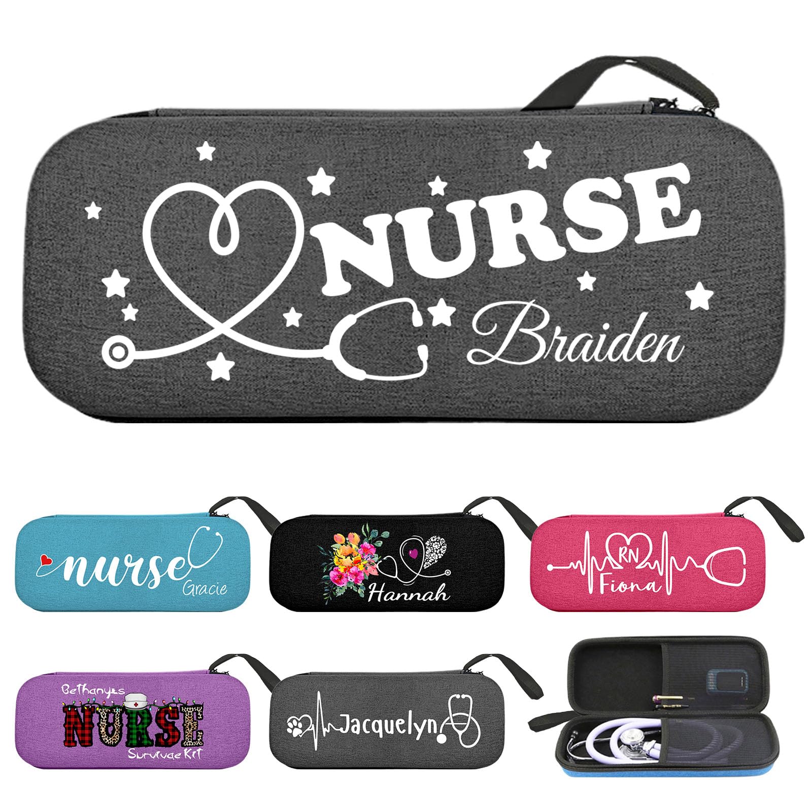 Personalized Stethoscope Case Gray Customized Name for Nurses,Custom Stethoscope Holder Case Lightweight Hard Carrying Storage Bag with Mesh Pocket Nurses Week Gift for Nurse Doctor Medical Assistant