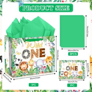 Yoirrat Wild One Birthday Decorations Large Wild One Gift Bags with Greeting Card for Boys 1st Birthday Wrapping Paper Bag Woodland Animal Print Gift Bag Baby Shower Christmas Birthday Party Supplies