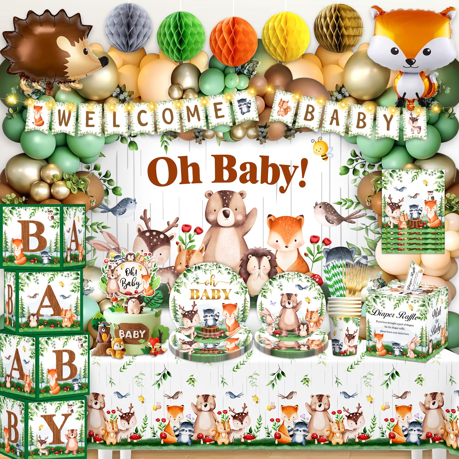 cocomigo 292pcs Woodland Baby Shower Decorations Baby Shower Decorations Neutral Animals Baby Shower Decorations Boys Girls Woodland Baby Shower Ideas pack for 20 Guest