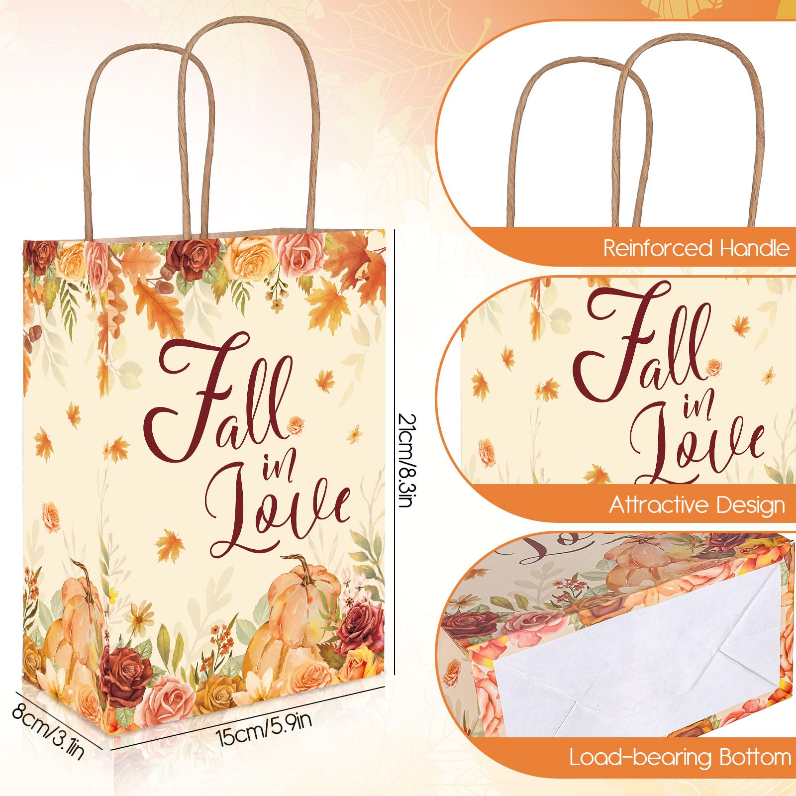 JarThenaAMCS 24Pcs Fall in Love Gift Bags with Handles Autumn Wedding Treat Bags Retro Pumpkin Maple Leaf Kraft Candy Bags for Thanksgiving Bridal Shower Party Favors