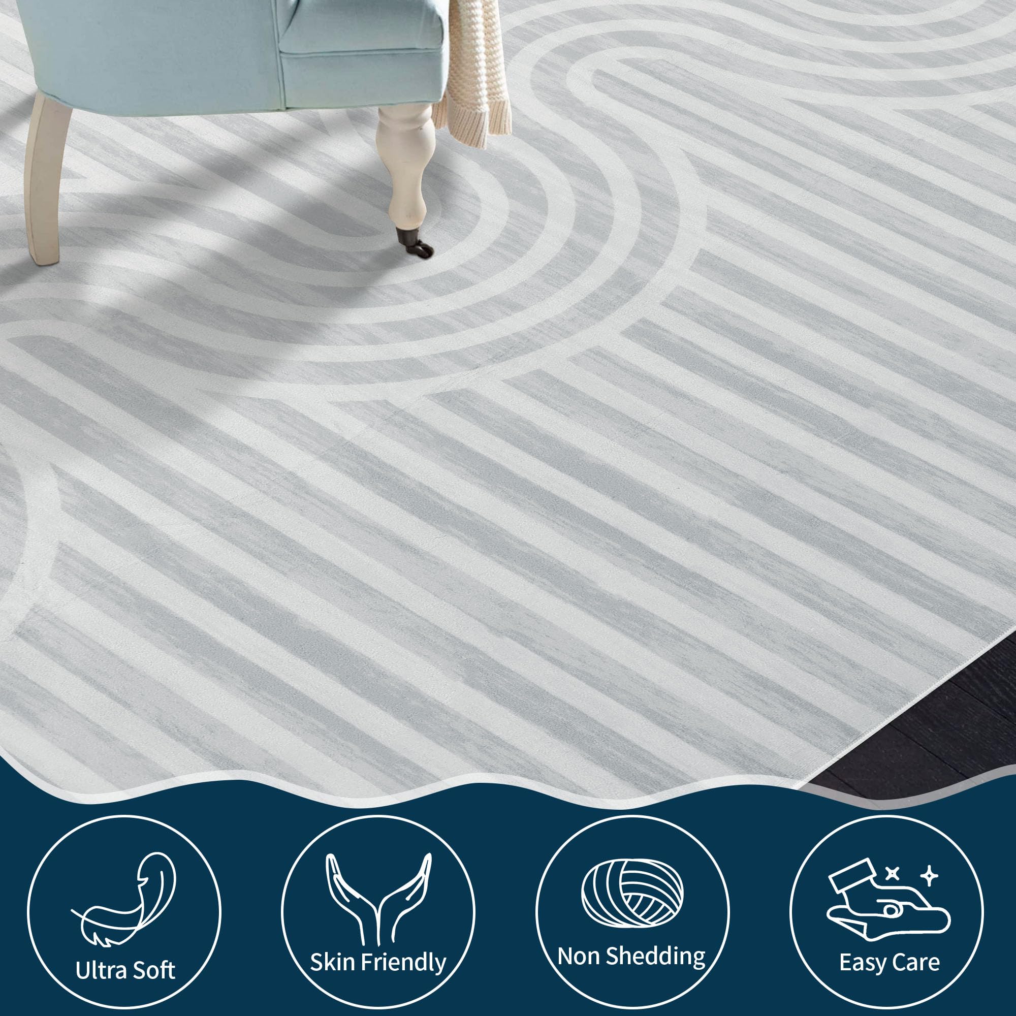 HOMBYS 10x14ft Contemporary Striped Area Rug for Living Room Bedroom, Large Modern Floor Carpet with Non-Slip Backing for Indoor, Minimalist Home Deco Non-Shedding, Grey, Machine Washable