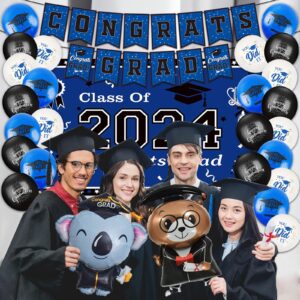 Graduation Decorations Class of 2024 Blue Themed - 2024 Graduation Foil Balloons Congrats Grad Banner Graduation Backdrop Kindergarten Graduation Congrats Grad Party Decorations Supplies