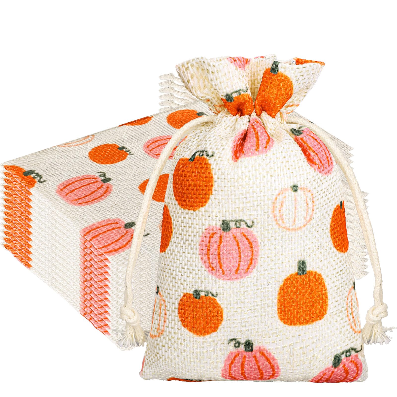 JarThenaAMCS 24Pcs Fall Pumpkin Burlap Gift Bags Cute Pink Orange Pumpkin Linen Drawstring Bags Jewelry Pouch Bags for Autumn Harvest Thanksgiving Party, 4 x 6in