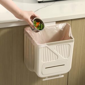 PEFWO Hanging Kitchen Trash Can, Collapsible Trash Can for Kitchen, 2.1 Gallon Foldable Waste Bin for Kitchen/Bathroom/Car (White)