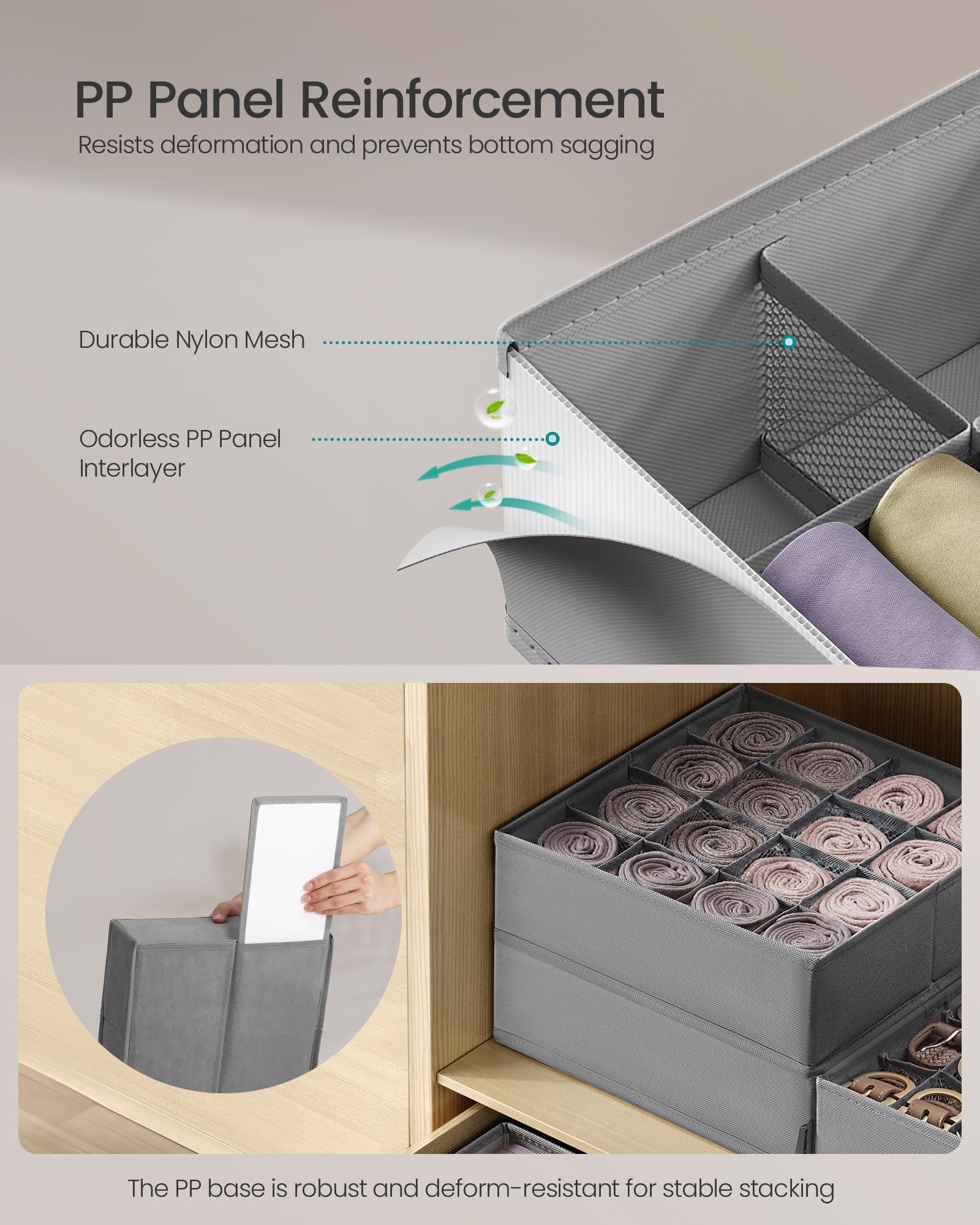 SONGMICS Set of 4 Drawer Organizers, Closet Organizers for Underwear, 80 Cells, Foldable Sock Holders, 11.8 x 11.8 x 3.9 Inches, for Storing Socks, Ties, Belts, Dove Gray URUS011G01