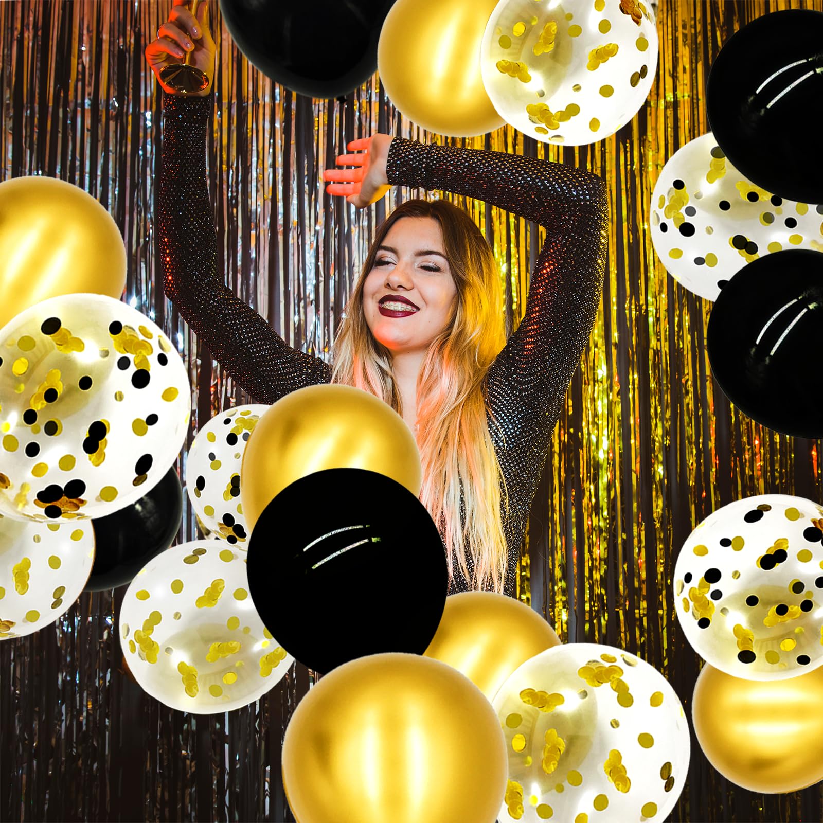 50 Pcs 12-Inch Latex Balloons Confetti Balloons Set, Black and Gold Confetti, Solid Black, and Gold Metallic Balloons for Birthday, Graduation, Anniversary, New Year's Party Decorations