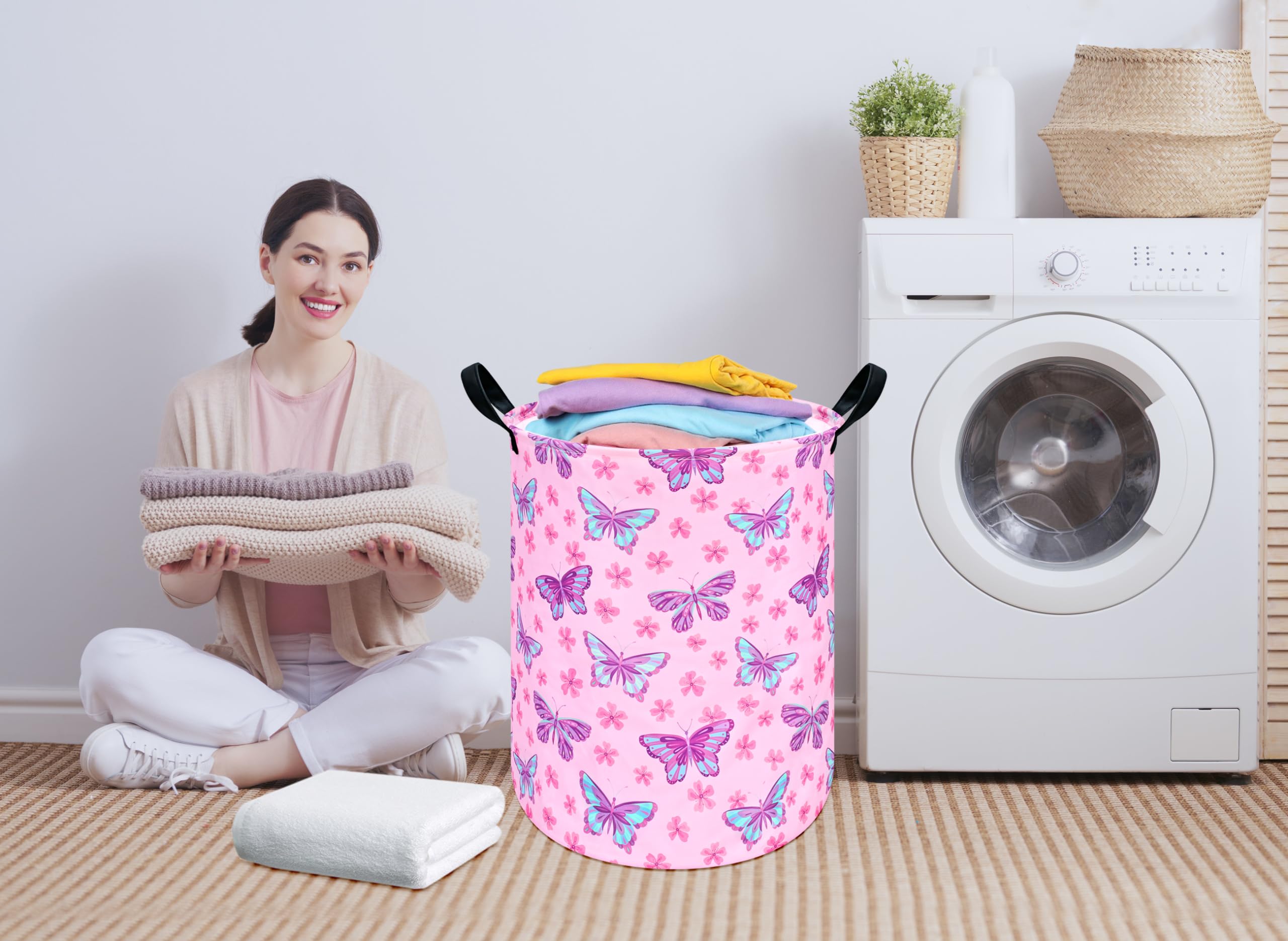 HUAYEE 19.7 Inch Baby Laundry Basket Girls Laundry Hamper Storage Basket Fabric Material Organization Basket, Storage Bin, Toy Box,Gift Basket with Handles for Room (Butterfly)