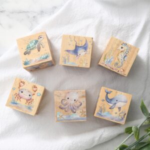 6 Pcs Ocean Animal Nursery Decor Blocks Wooden Shelf Decor for Baby Nursery Room Kids Bedroomm