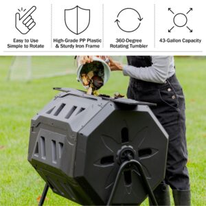 Compost Tumbler - 43Gal Compost Bin with Dual Chambers, 360-Degree Rotating Design, and Garden Gloves Included - Homesteading Supplies by Pure Garden