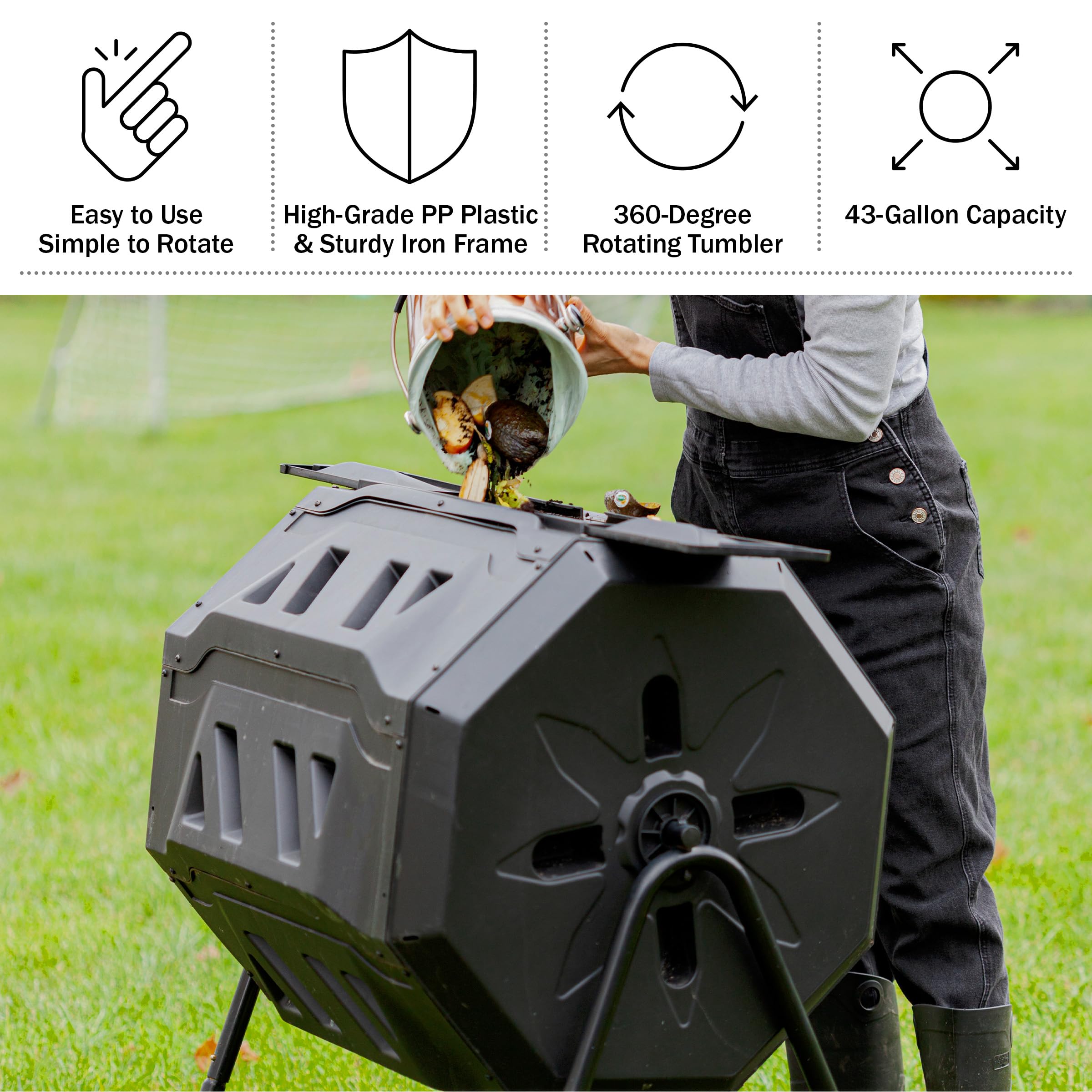 Compost Tumbler - 43Gal Compost Bin with Dual Chambers, 360-Degree Rotating Design, and Garden Gloves Included - Homesteading Supplies by Pure Garden