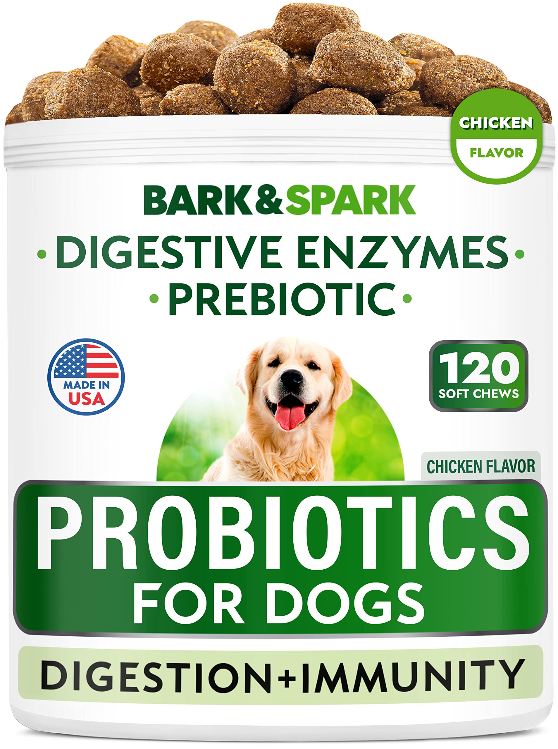 BARK&SPARK Dog Probiotic Chews - Gas, Diarrhea, Allergies - Enzymes + Prebiotics - Chewable Fiber - Digestion, Immunity - USA Made - 90 Ct - ChickenLiver