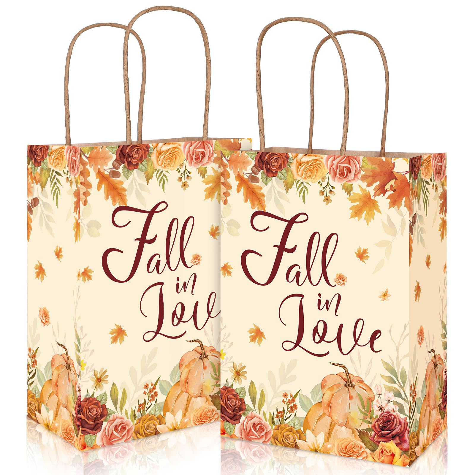 JarThenaAMCS 24Pcs Fall in Love Gift Bags with Handles Autumn Wedding Treat Bags Retro Pumpkin Maple Leaf Kraft Candy Bags for Thanksgiving Bridal Shower Party Favors