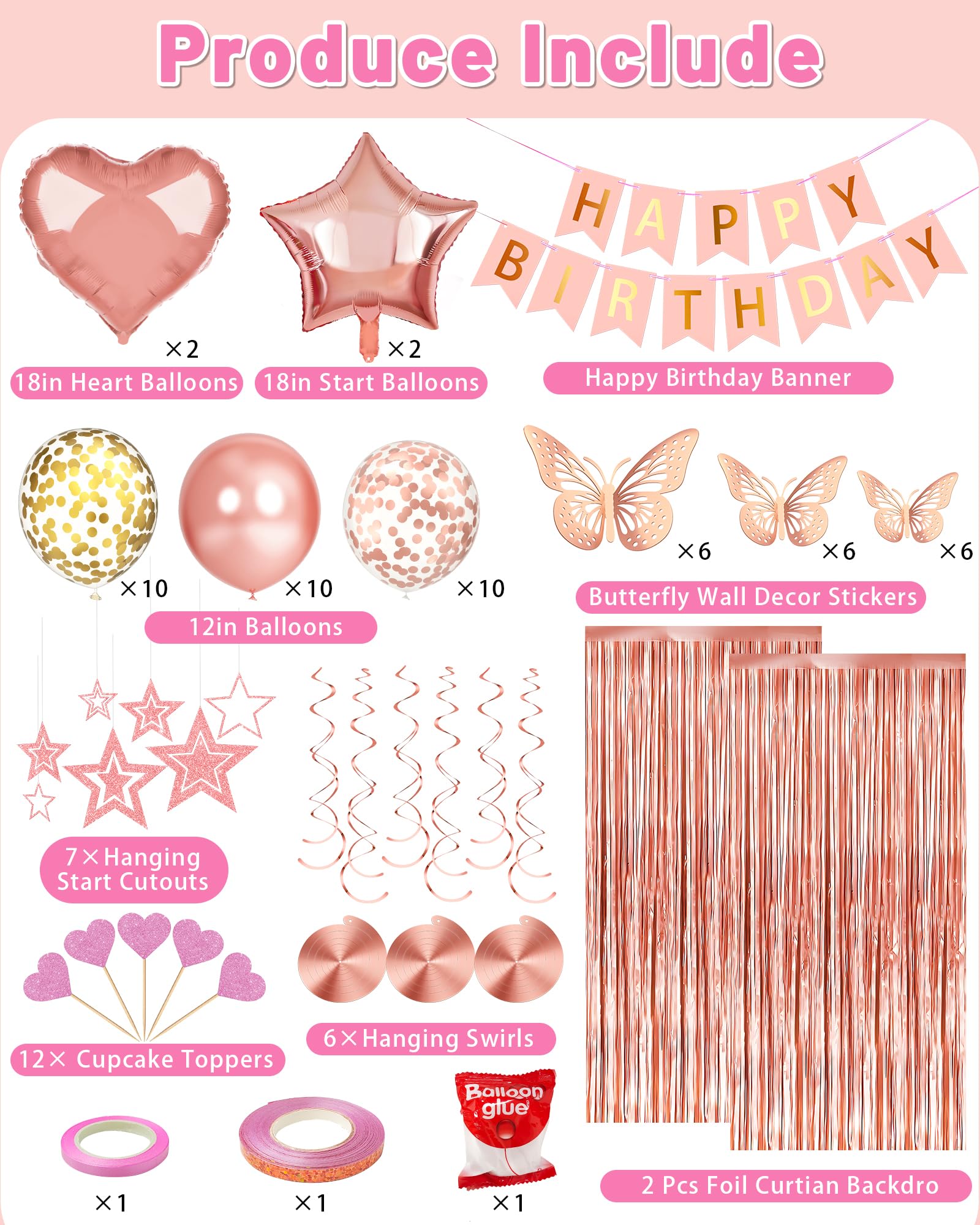 Lutoys Rose Gold Happy Birthday Party Decorations, Happy Birthday Banner, Rose Gold Foil Heart Star Confetti Balloons Curtain Backdrop Hanging Swirls Butterfly Party Decor for Girls Women Princess