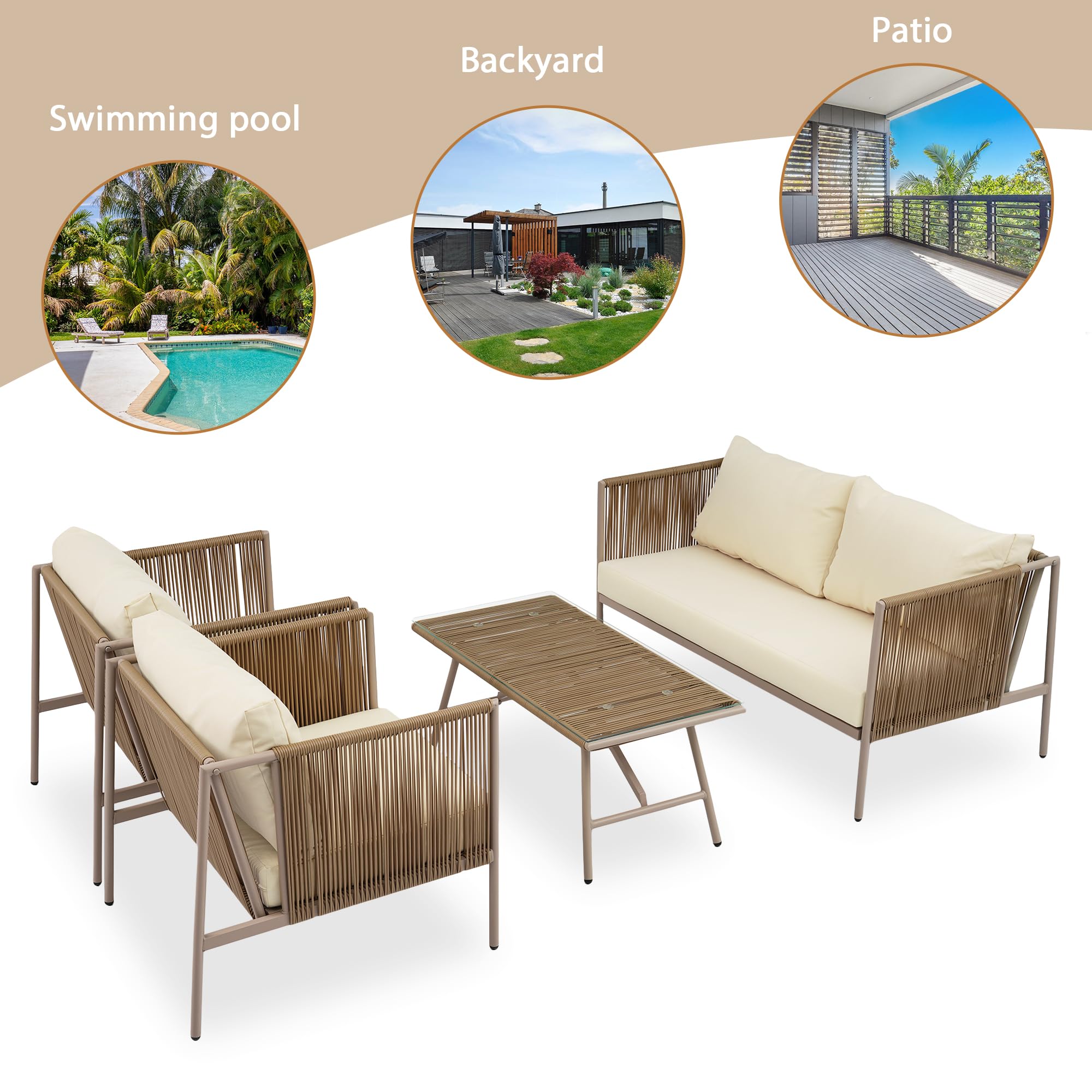 LUMISOL 4 Piece Rope Outdoor Conversation Sofa Set with Toughened Glass Table, Patio Furniture Set with Thick Cushions for 4 Person, Outdoor Furniture for Porch Backyard, Beige