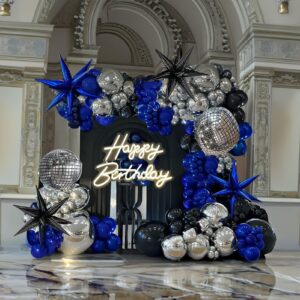 yeewaka royal blue and black silver disco balloon garland arch kit 170+pcs with 4d disco ball diy star balloons mylar balloon for birthday graduations prom disco party decorations