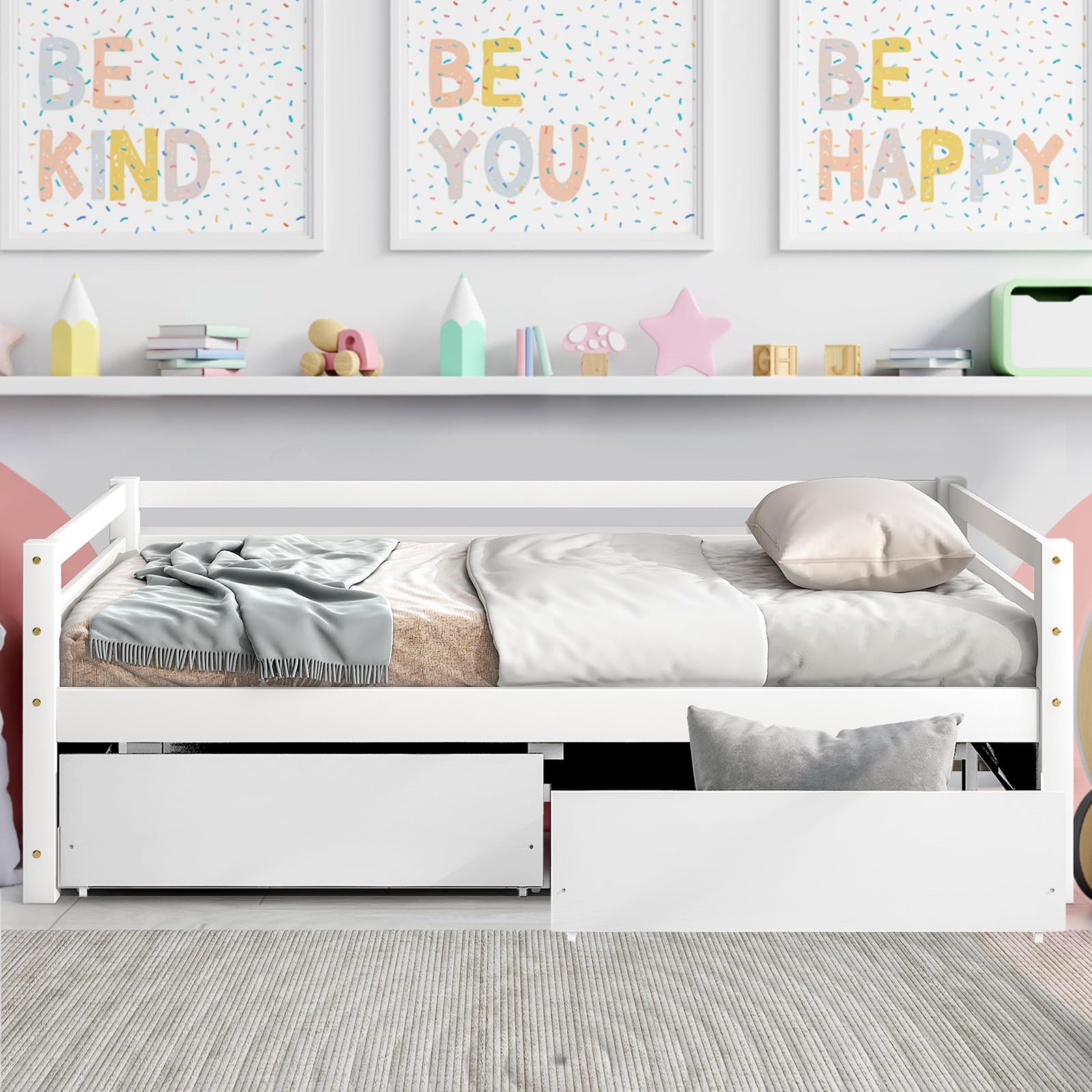 ROCKINGRUN Twin Daybed with 2 Storage Drawers,Pinewood Twin Size Daybed Frame with Guardrail,for Boys/Girls/Teens Bedroom, Easy to Assemble, No Box Spring Needed,White