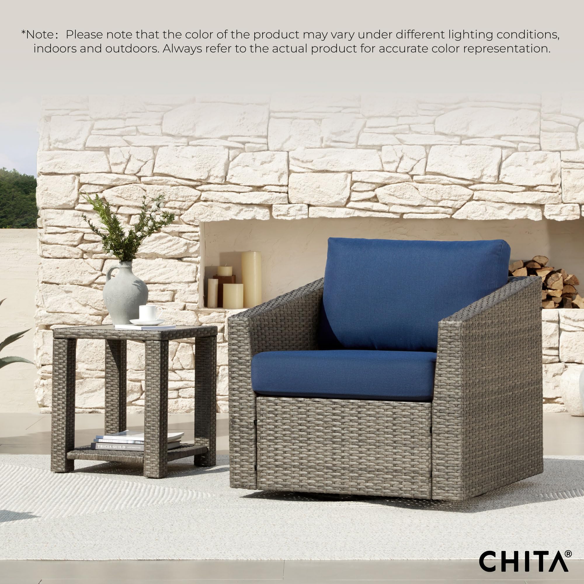 CHITA Patio Wicker Chair, 360° Swivel Outdoor Rattan Chair with Thickened Cushions for Backyard, Poolside, Garden or Porch, Blue Cushions with Grey Wicker