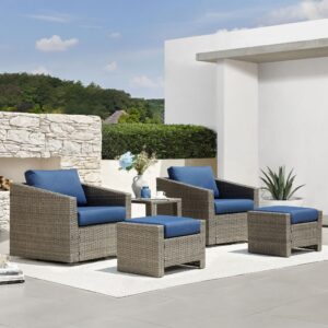 chita 5 pieces wicker patio furniture set, outdoor conversation set with 2 pieces rattan swivel chairs, 2 pieces ottomans, thickened cushions and side table, blue cushions with grey wicker