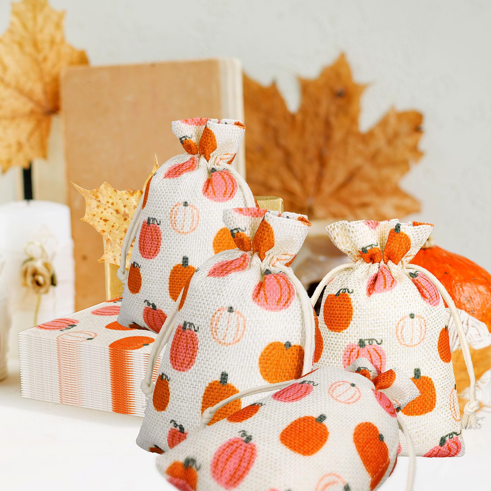 JarThenaAMCS 24Pcs Fall Pumpkin Burlap Gift Bags Cute Pink Orange Pumpkin Linen Drawstring Bags Jewelry Pouch Bags for Autumn Harvest Thanksgiving Party, 4 x 6in