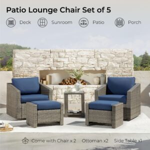 CHITA 5 Pieces Wicker Patio Furniture Set, Outdoor Conversation Set with 2 Pieces Rattan Swivel Chairs, 2 Pieces Ottomans, Thickened Cushions and Side Table, Blue Cushions with Grey Wicker