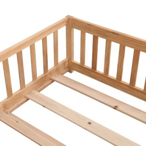 TesNus Twin Size Floor Bed with Door, Montessori Bed with Rails and Slats for Boys and Girls, Solid Wood Platform Bed Frame for Kids with Fence,Natural Wood