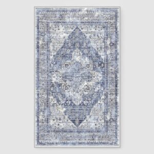 StangH 2x3 Rug Washable Entryway Rug Blue Medallion Distressed Indoor Small Area Rug Soft Faux Wool Non-Slip Bathroom Mat Low Pile for Laundry Door Dressing Kitchen Sink