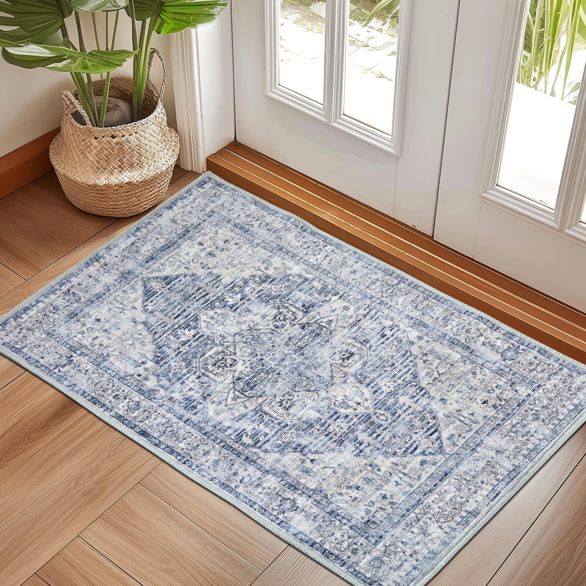 StangH 2x3 Rug Washable Entryway Rug Blue Medallion Distressed Indoor Small Area Rug Soft Faux Wool Non-Slip Bathroom Mat Low Pile for Laundry Door Dressing Kitchen Sink