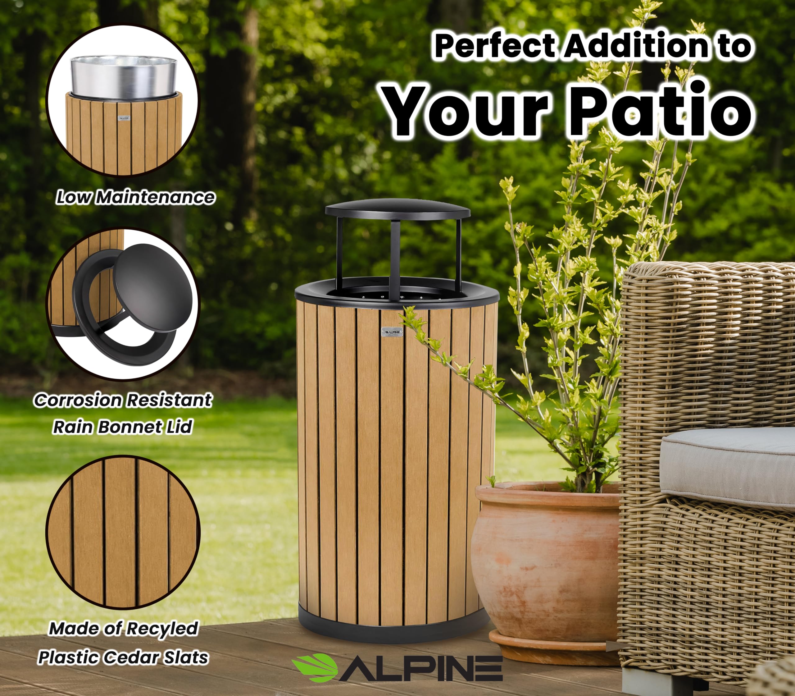 Alpine 32 Gallon Commercial Outdoor Trash Can - Heavy Duty Garbage Can Outdoor, Industrial Trash Can with Plastic Panels for Patio, Parks, Trails & Resorts (Rain Bonnet Lid - Cedar)