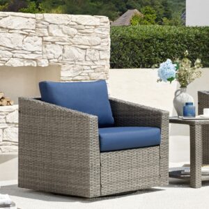 chita patio wicker chair, 360° swivel outdoor rattan chair with thickened cushions for backyard, poolside, garden or porch, blue cushions with grey wicker