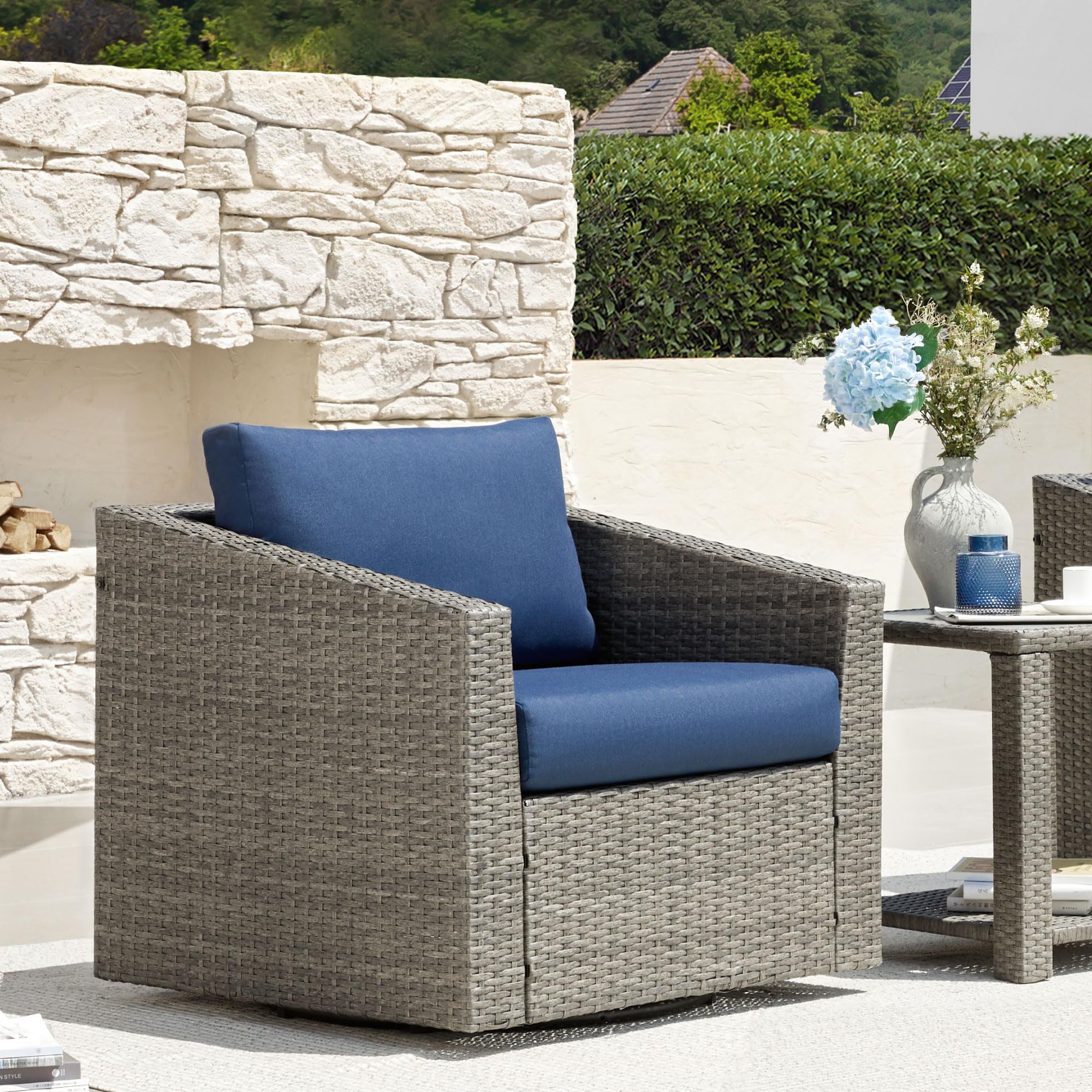 CHITA Patio Wicker Chair, 360° Swivel Outdoor Rattan Chair with Thickened Cushions for Backyard, Poolside, Garden or Porch, Blue Cushions with Grey Wicker