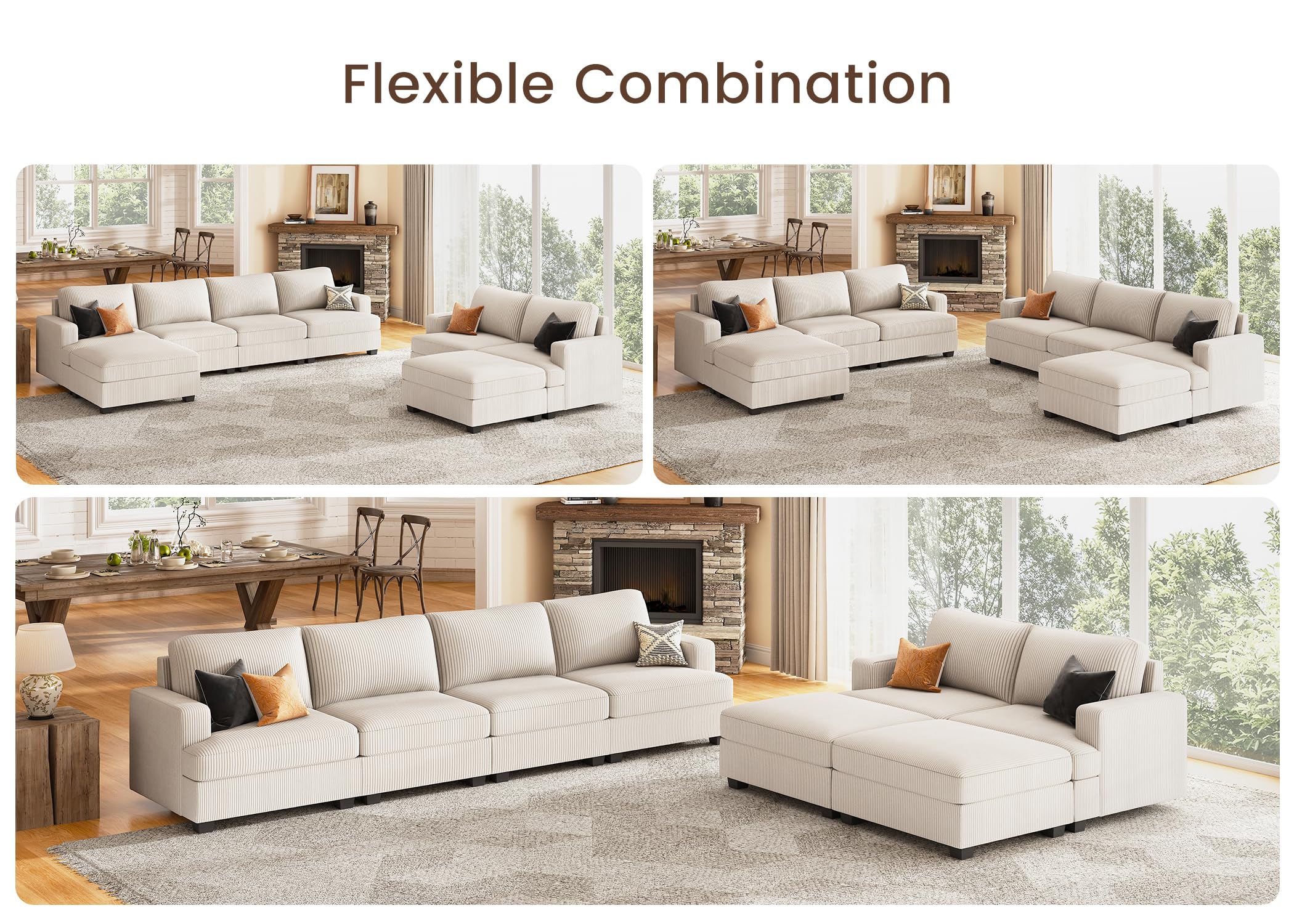 Nolany Modular Sectional Couch with Storage Ottoman, Corduroy Sectional Sleeper Sofa with Chaise, Sectional Couches for Living Room, Beige