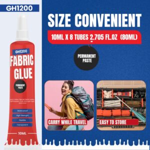 Fabric Glue Permanent (10 ML x 8), Fabric Glue for Clothing Permanent Washable for Rhinestones, Patches, Clothes, Denim, Leather, Polyester, Fabrics, Doll Repair, Flannel, Cotton & More