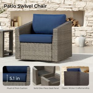 CHITA Patio Wicker Chair, 360° Swivel Outdoor Rattan Chair with Thickened Cushions for Backyard, Poolside, Garden or Porch, Blue Cushions with Grey Wicker