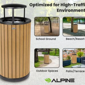 Alpine 32 Gallon Commercial Outdoor Trash Can - Heavy Duty Garbage Can Outdoor, Industrial Trash Can with Plastic Panels for Patio, Parks, Trails & Resorts (Rain Bonnet Lid - Cedar)