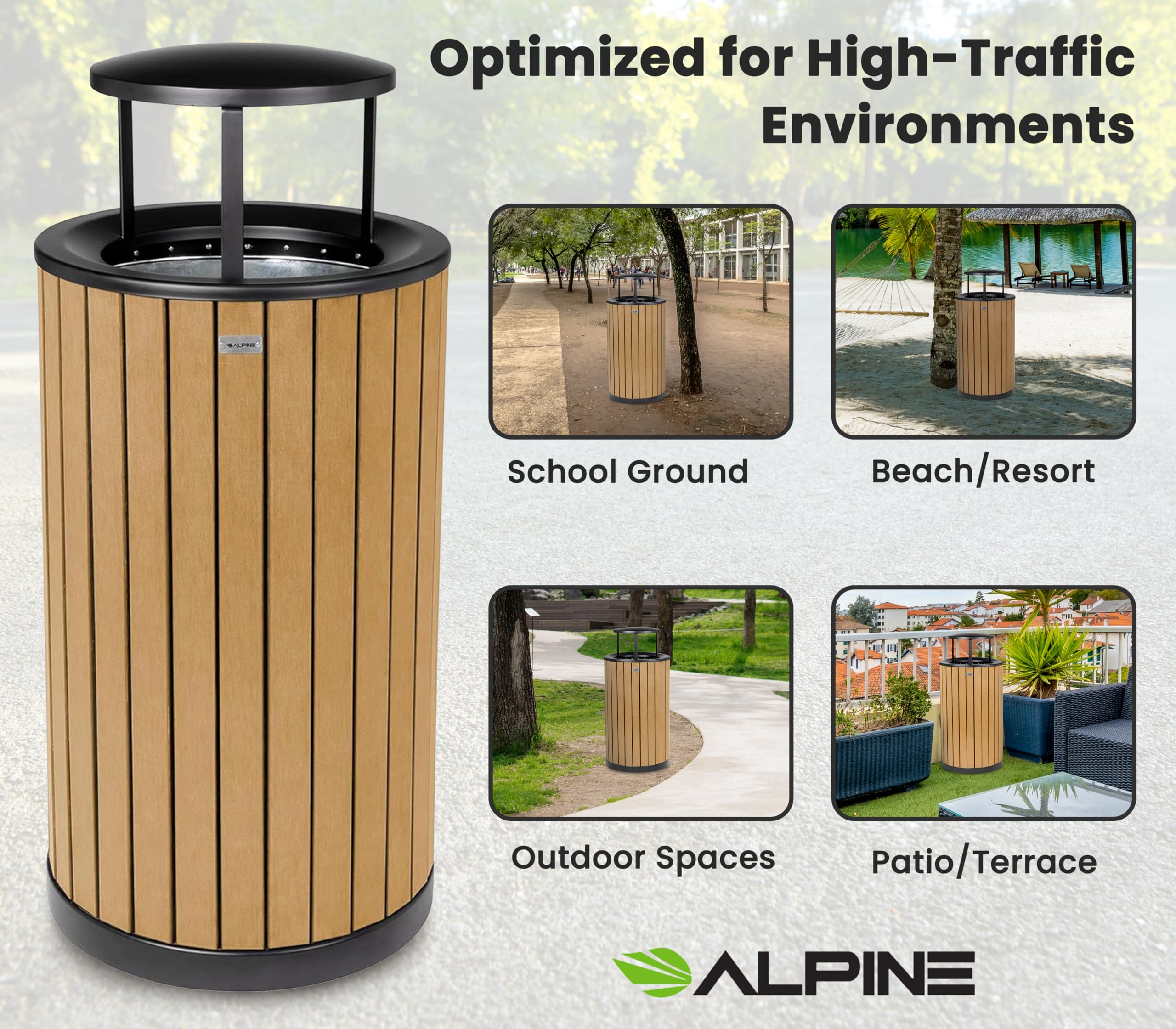 Alpine 32 Gallon Commercial Outdoor Trash Can - Heavy Duty Garbage Can Outdoor, Industrial Trash Can with Plastic Panels for Patio, Parks, Trails & Resorts (Rain Bonnet Lid - Cedar)