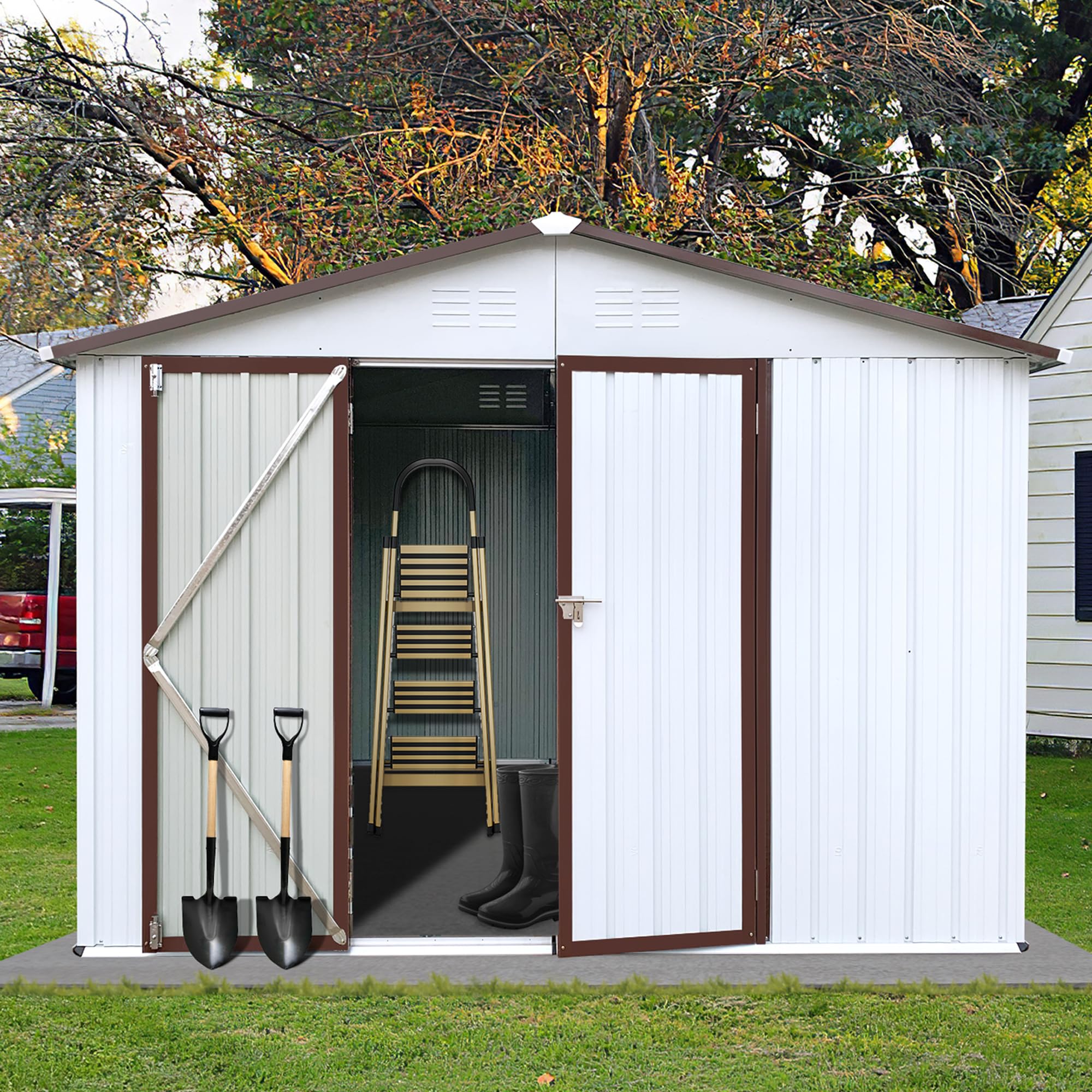 10 x 8FT Outdoor Storage Shed,Anti-Corrosion Tool Shed with Sloping Roof,Heavy Duty Metal Tool Sheds Storage House w/Lockable Door & Air Vent for Garden, Patio, Lawn