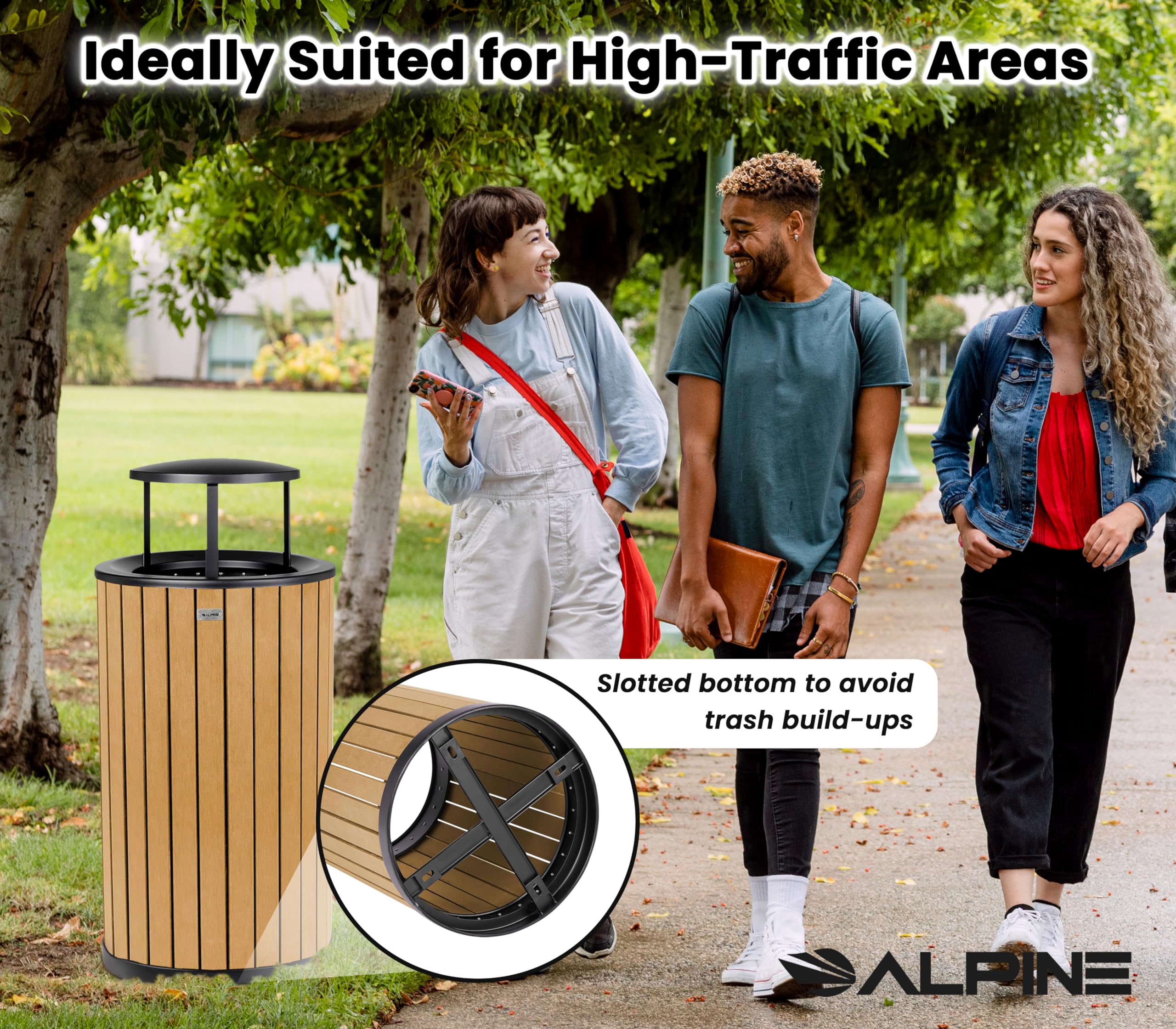 Alpine 32 Gallon Commercial Outdoor Trash Can - Heavy Duty Garbage Can Outdoor, Industrial Trash Can with Plastic Panels for Patio, Parks, Trails & Resorts (Rain Bonnet Lid - Cedar)