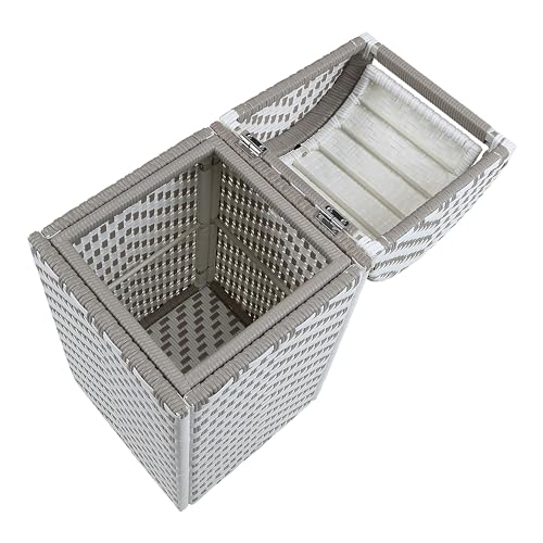 Greemotion Azur Modern Aluminum and All-Weather Wicker Outdoor Trash Can with Push Lid for Outdoor, Patio, Pool Area, Garden, Gray and White