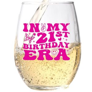 21st birthday wine glass - in my 21st birthday era - funny birthday gifts for him or her - 21st bday decorations for men, women, daughter, sister, best friend, co-worker - twenty one