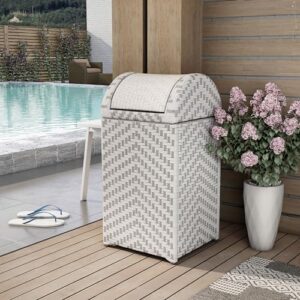 Greemotion Azur Modern Aluminum and All-Weather Wicker Outdoor Trash Can with Push Lid for Outdoor, Patio, Pool Area, Garden, Gray and White