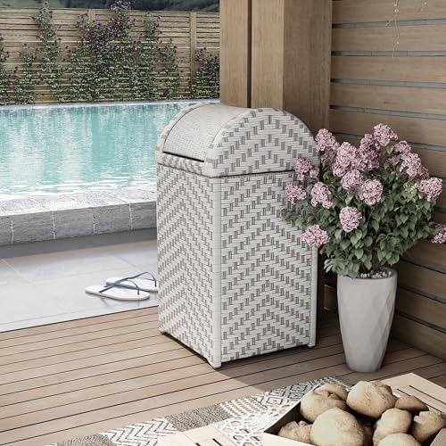 Greemotion Azur Modern Aluminum and All-Weather Wicker Outdoor Trash Can with Push Lid for Outdoor, Patio, Pool Area, Garden, Gray and White