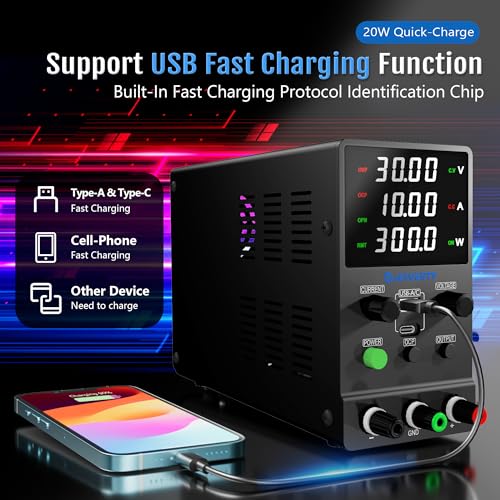 Jesverty DC Power Supply Variable, 0-30V 0-10A Adjustable Switching DC Regulated Bench Power Supply with 20W USB & Type-C Quick-Charge, Encoder Knob, Output Switch, 4-Digit LED Display - SPS-3010M